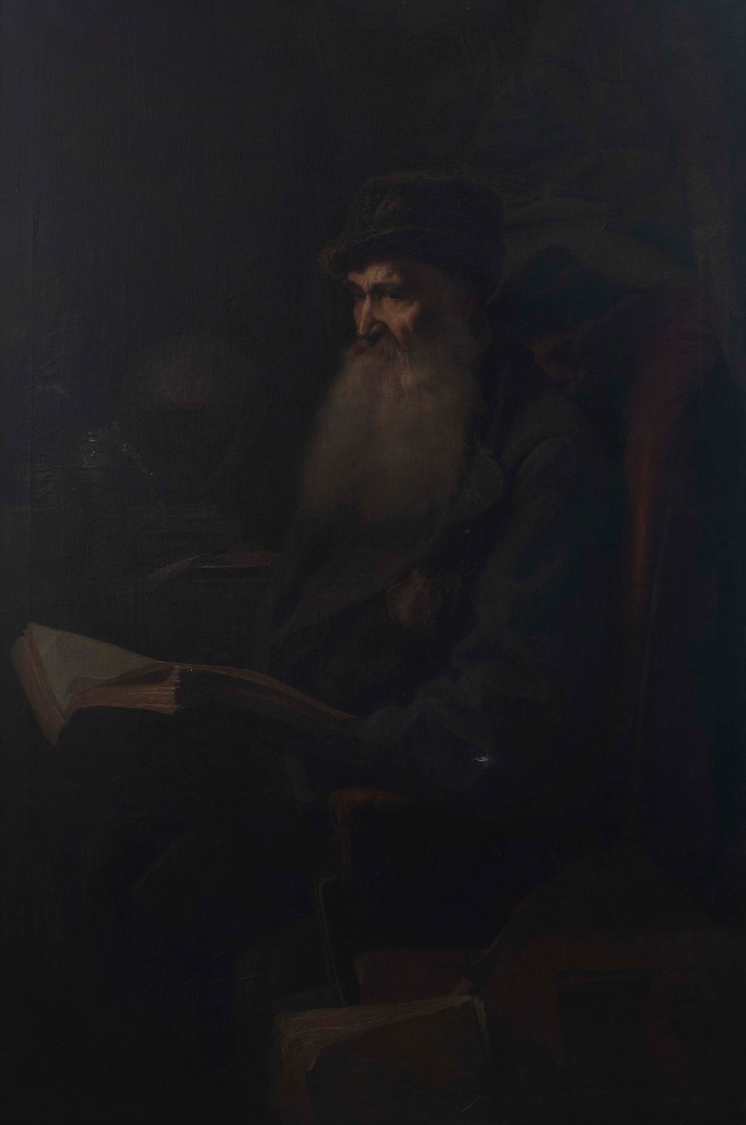 La chambre des visiteurs Le vieux bouquiniste 1875 homme vieux barbu assis avec chapeau sur la tête lisant un livre